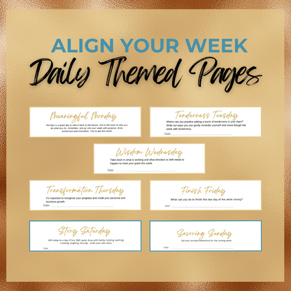 this image is of the types of themed days in the Week By Design Journal_Meaningful Monday_Tenderness Tuesday_Wisdom Wednesday_Transformation Thursday_Finish Friday_Story Saturday_Savoring Sunday