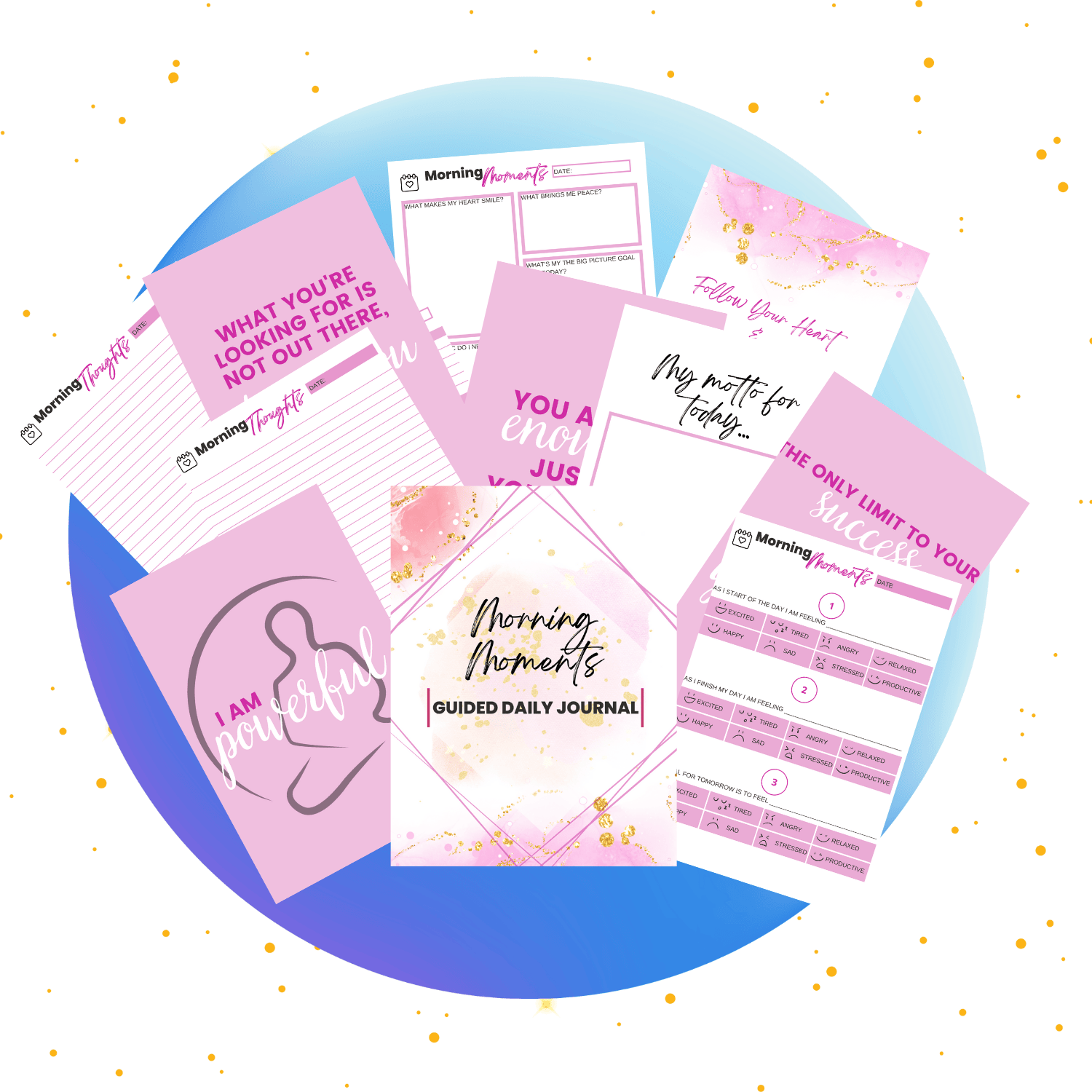 These image mockup shows the various pages inside the Morning Moment Printable Guided Journal