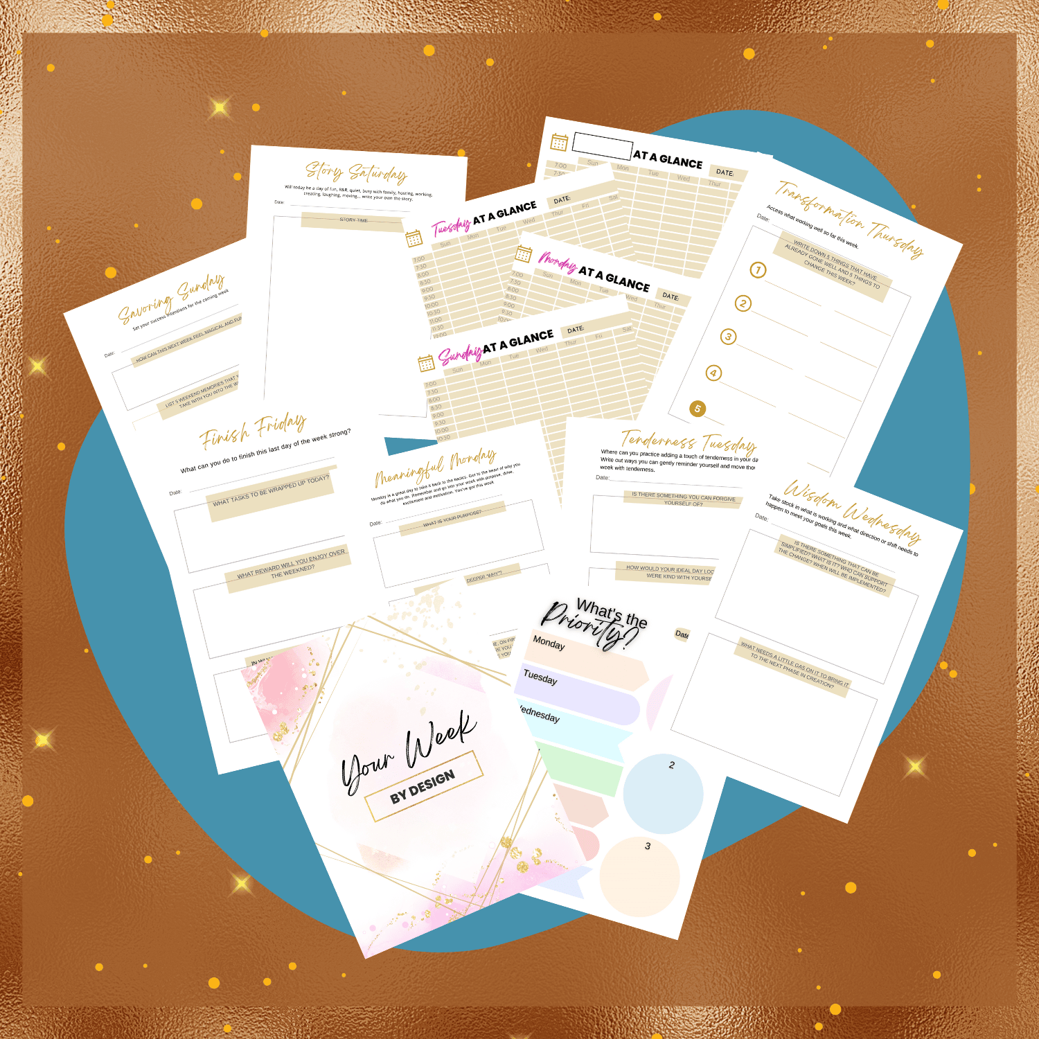 this is a mockup image of all the pages from my week by design printable journal. the graphic has a gold foil border, gold sparkles, and blue bean shaped background behind the page images.