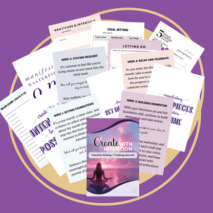 this is a mockup image of all the pages from my create with intention printable journal. the graphic has a purple border, and gold bean shaped background behind the page images.
