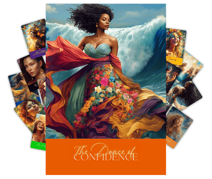 This is an image of The Dance of Confidence card on top of a collage of cards from the Creative Transformation - Trusing the Dance of Life Card Deck
