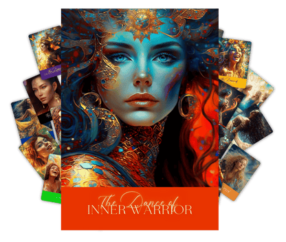 This is an image of The Dance of Inner Warrior card on top of a collage of cards from the Creative Transformation - Trusing the Dance of Life Card Deck