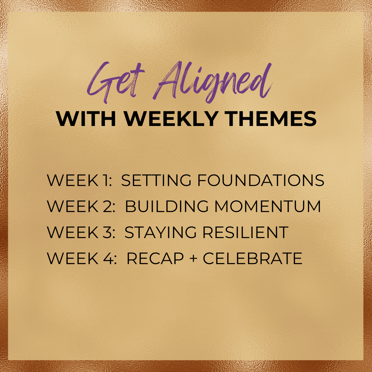 this image is of the types of weekly themes in the Create With Intention Undated Planner and Tracker Journal by Patty Rose  at Polka Dot Patty - 
Week 1 Setting Foundations Week 2 Building Momentum Week 3 Staying Resilient Week 4 Recap + Celebrate
